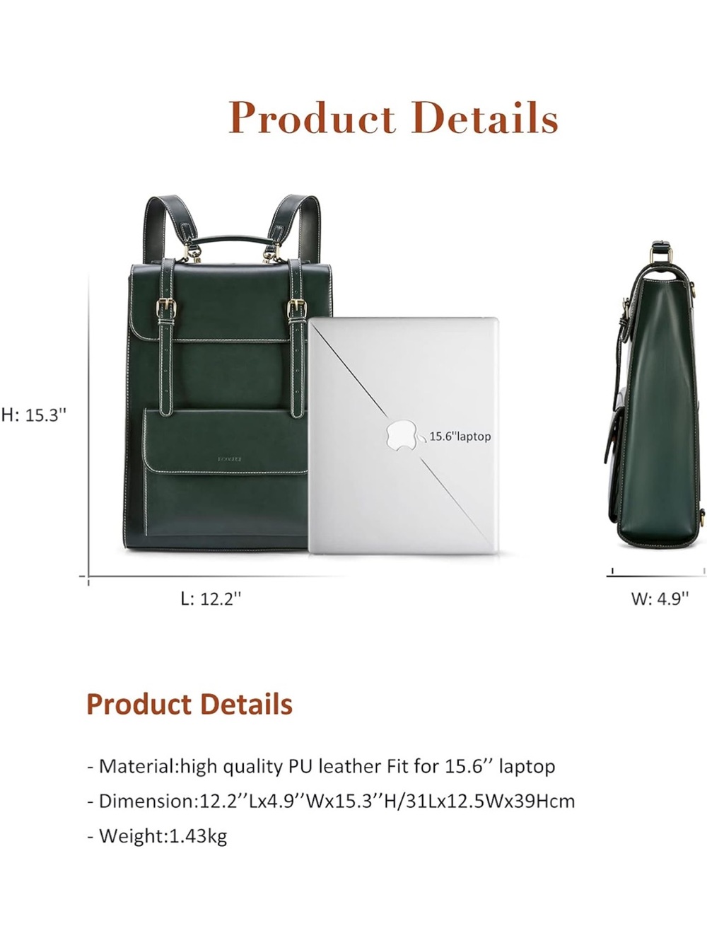 Ecosusi NEW Vintage Green Laptop Backpack PU Leather - Picture 7 of 11